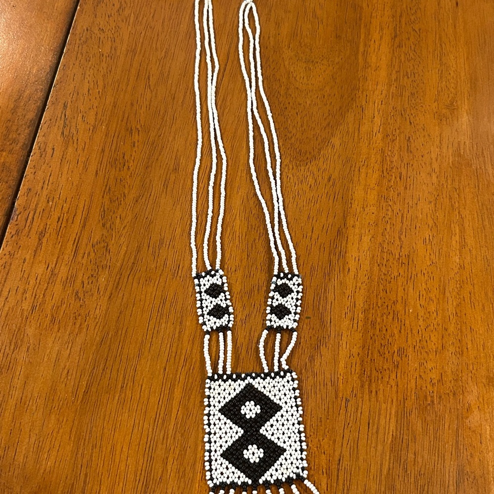 Vintage Black and White Seed Beaded Necklace Aztec